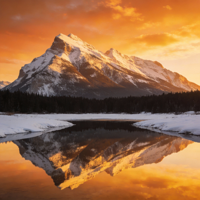 雪山倒影映晚霞图片