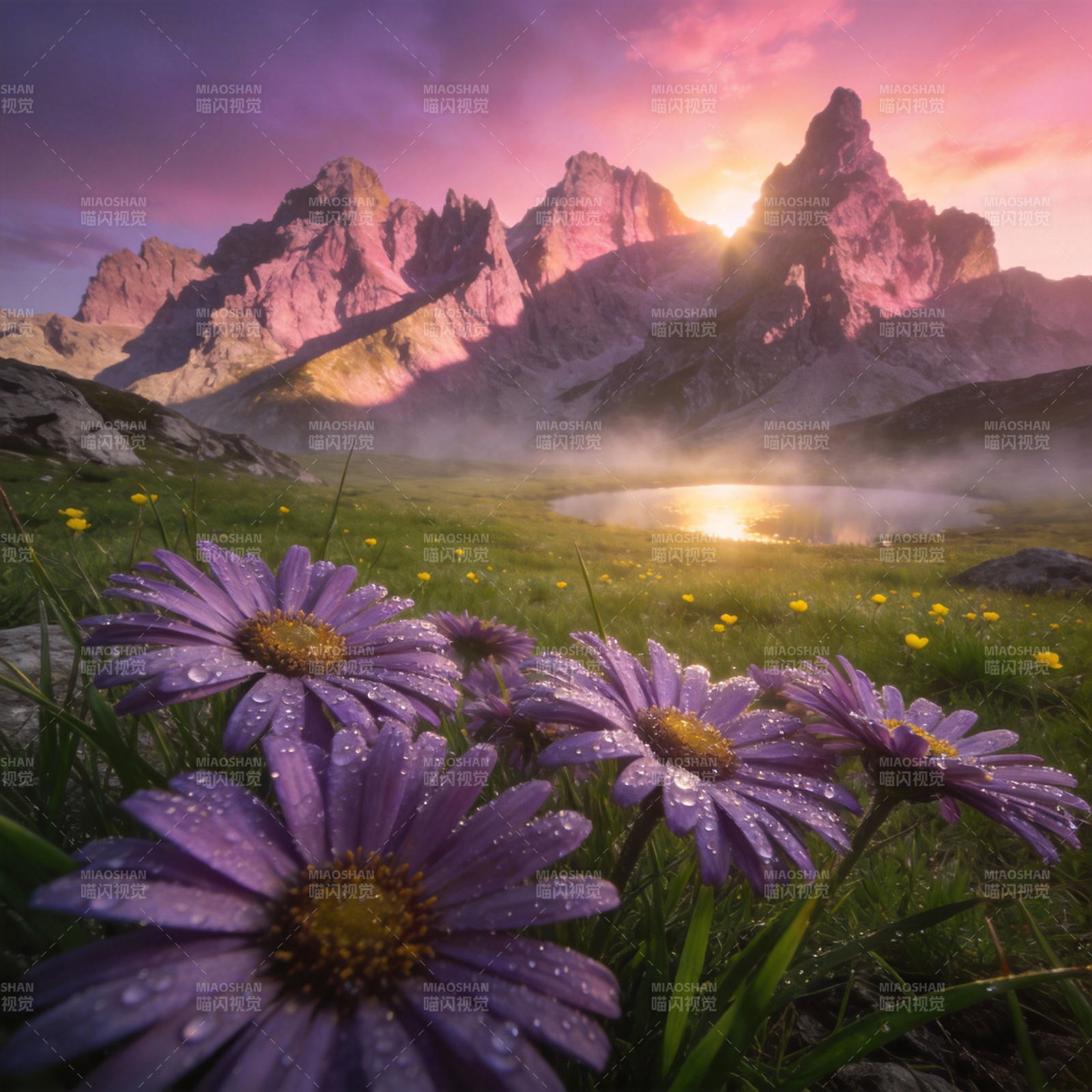 山花映霞光图片