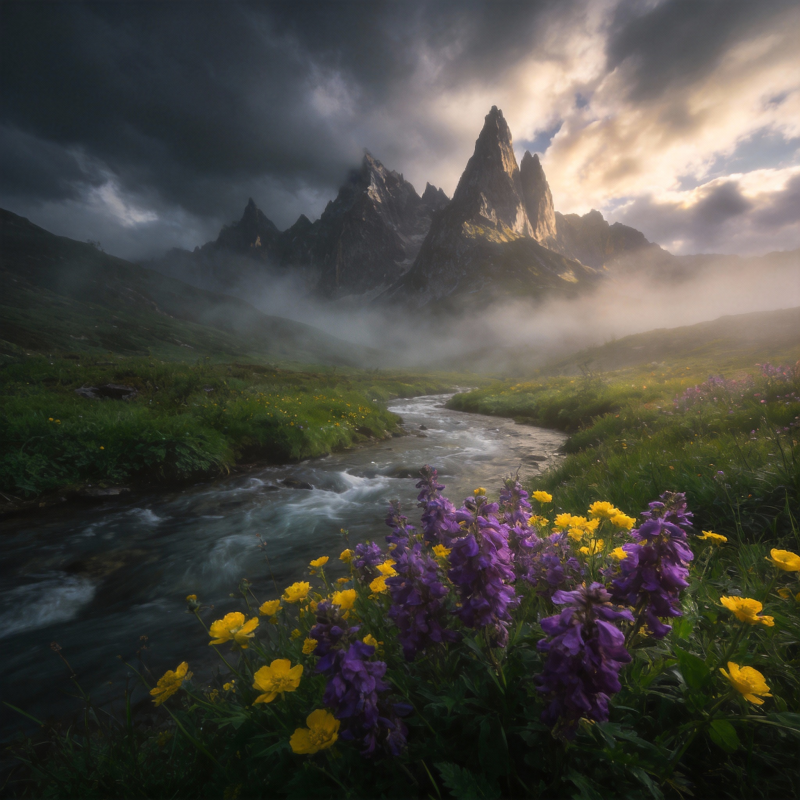 山间花溪晨雾图片