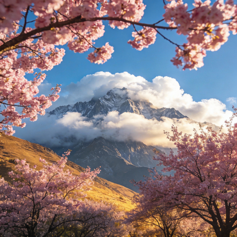 樱花映雪山图片