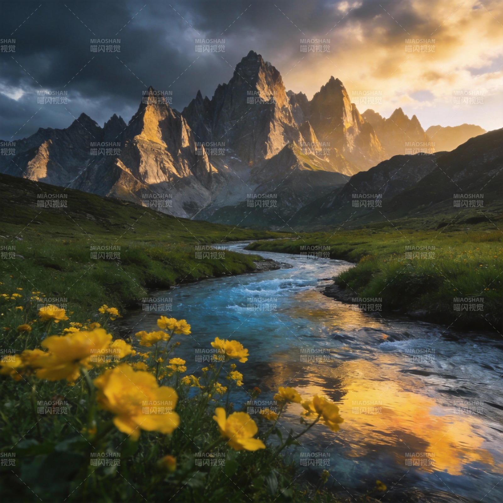 山河暮色花影图片