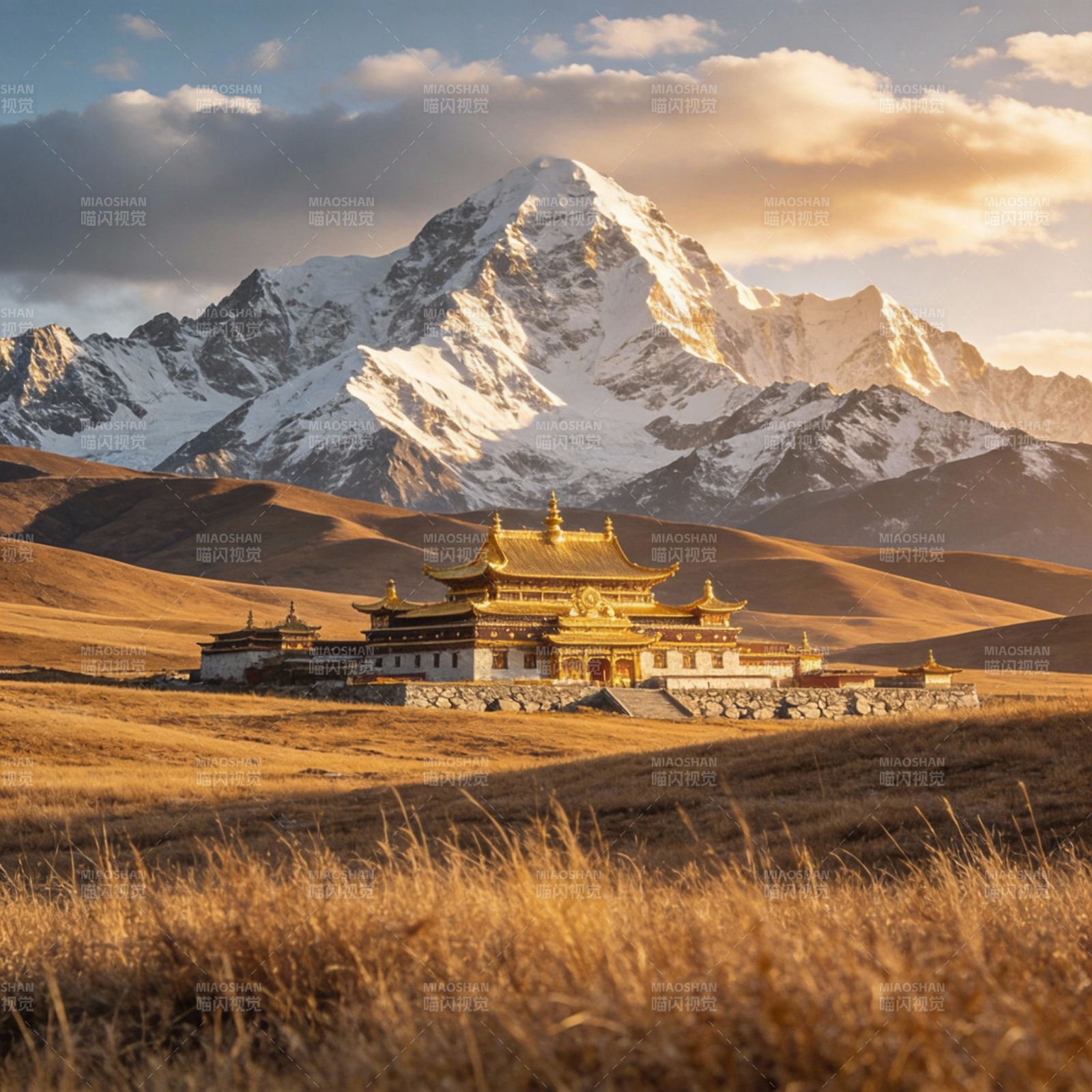 雪山下的金顶庙宇图片