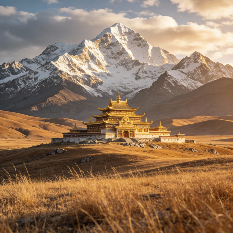 雪山下的金顶庙宇图片