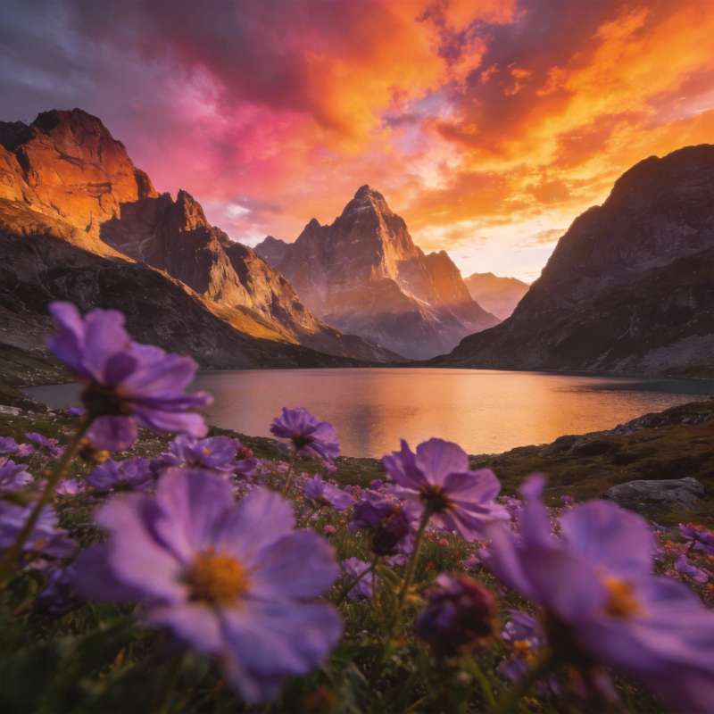 紫花映山湖日落图片