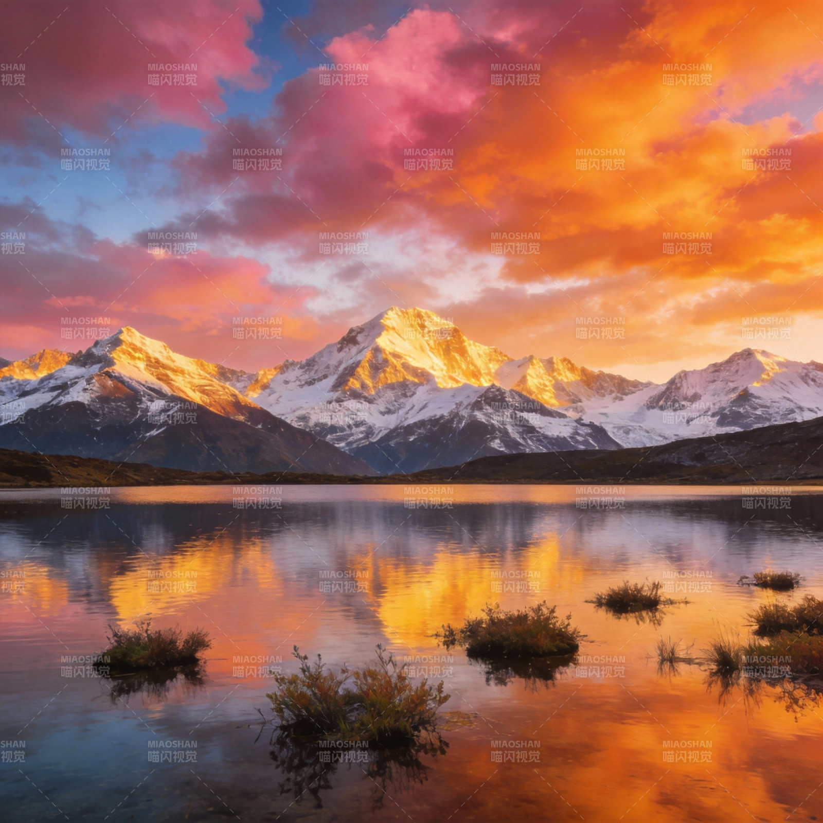 雪山映霞湖图片