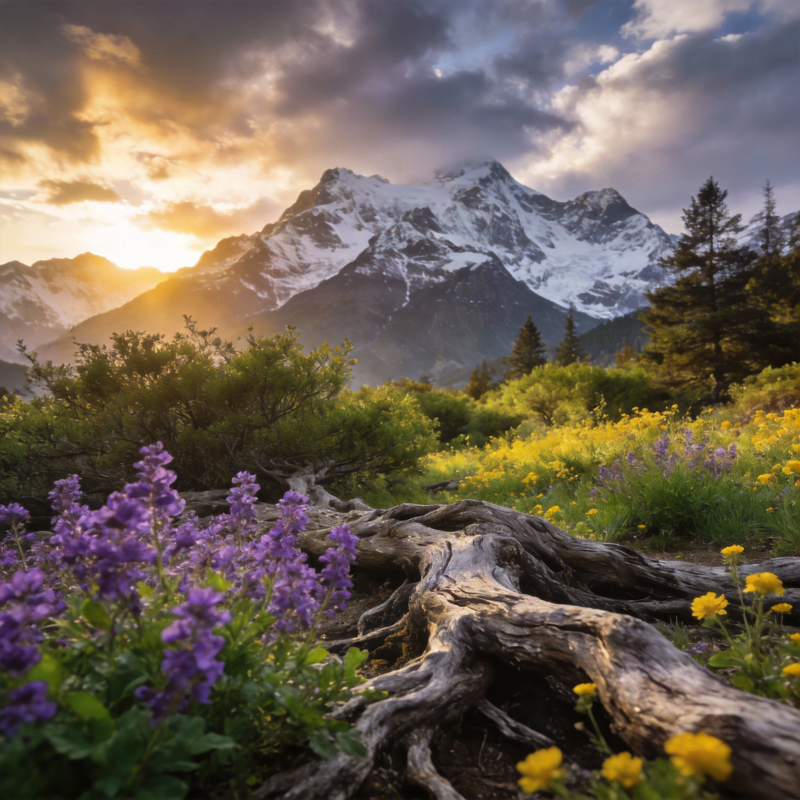 雪山花海日出图片