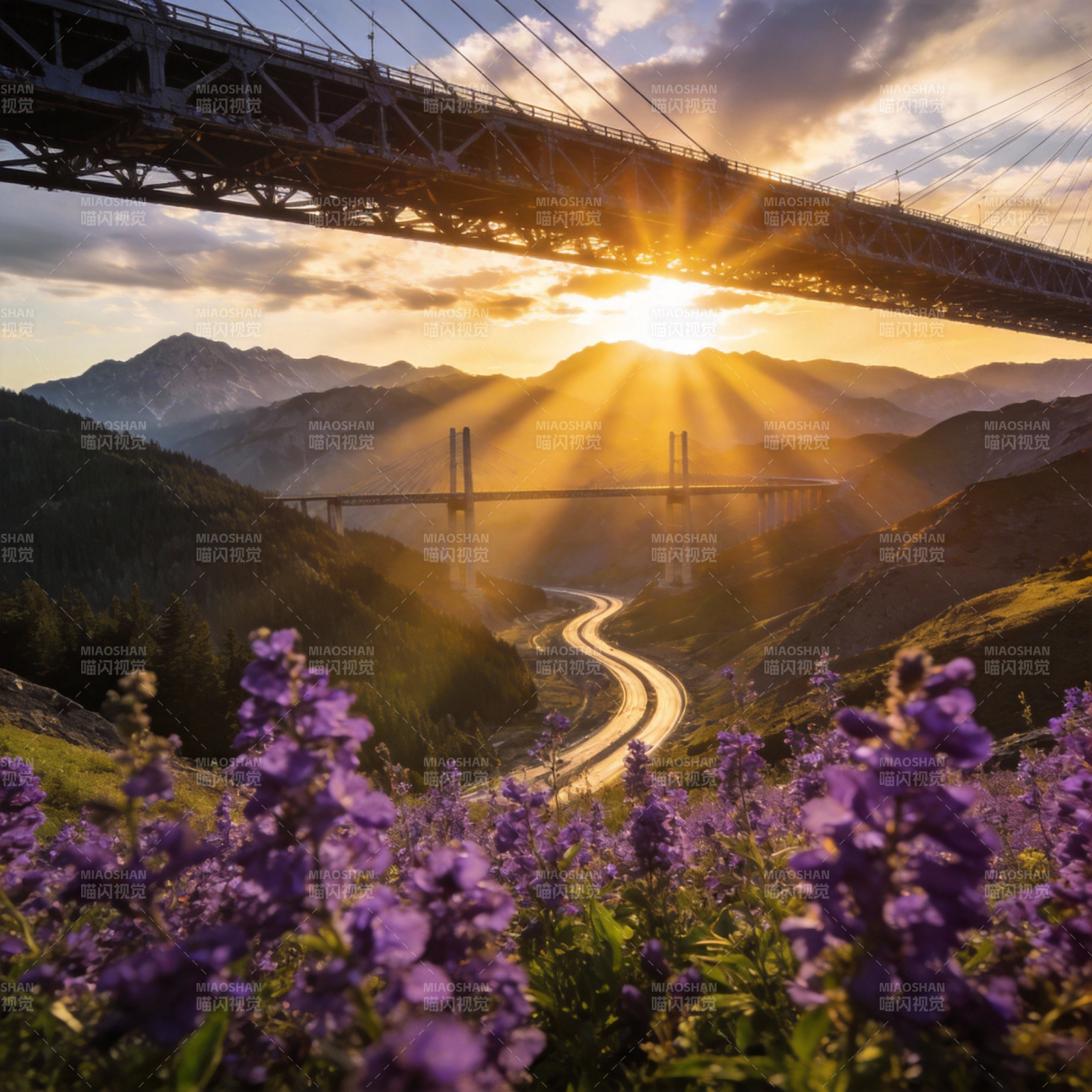 山桥日出花海图片