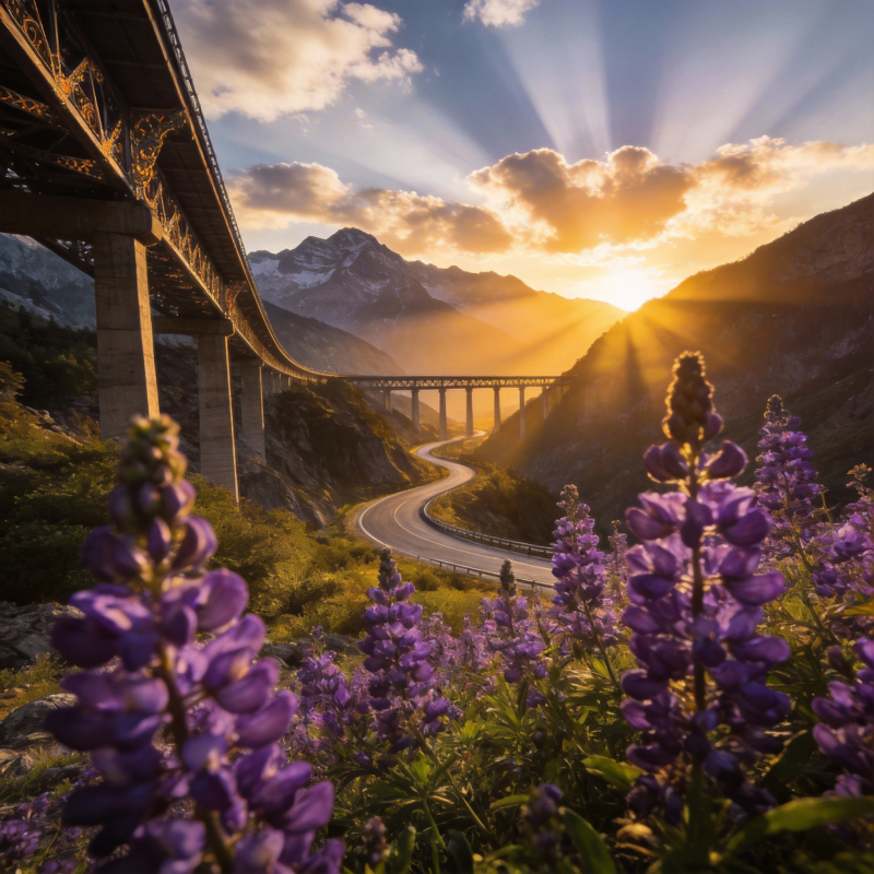 山间花桥日出图图片