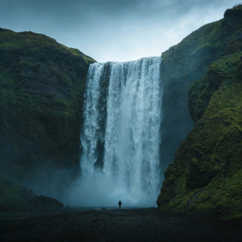 瀑布前的孤独身影图片