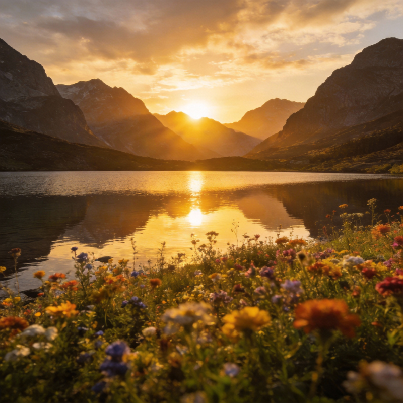 山湖夕照花海图片