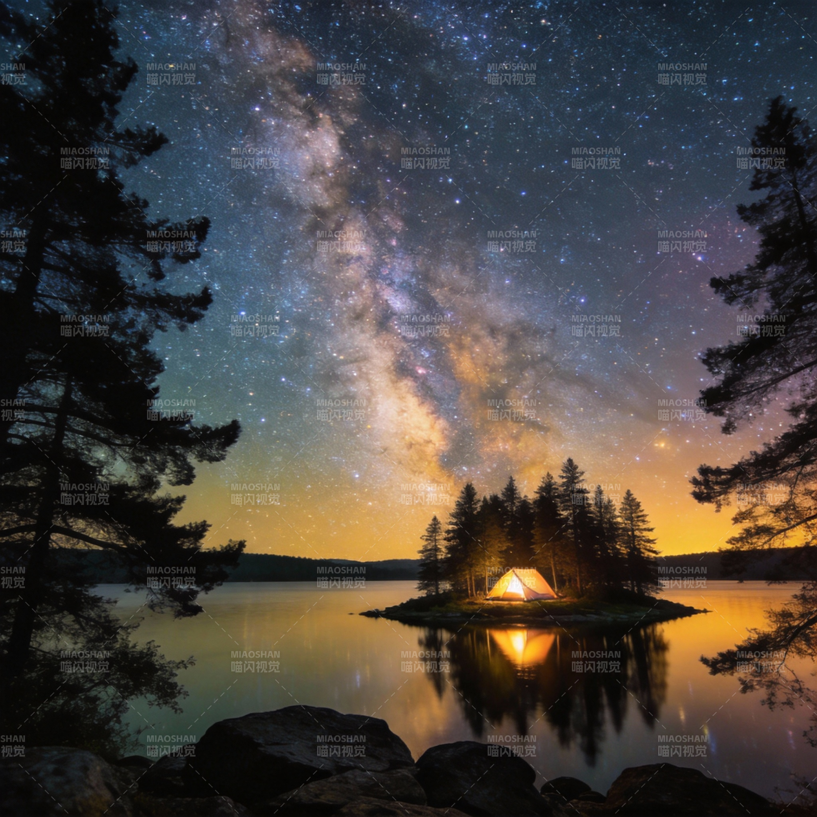 星河下的湖畔露营图片