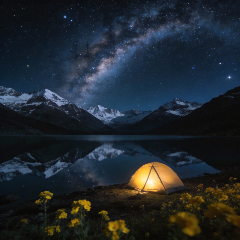 星空下的湖畔露营图片