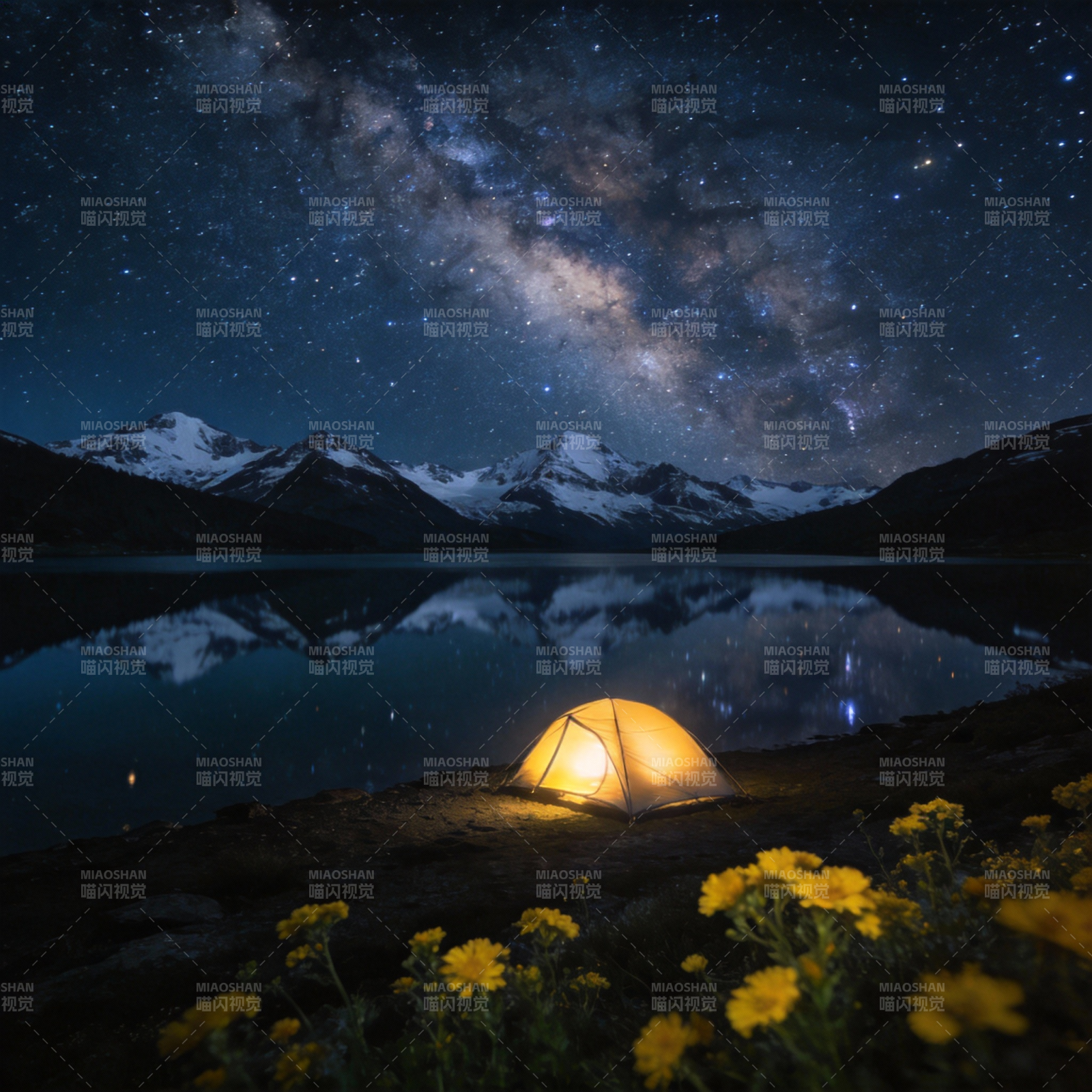 星空下的湖畔露营图片