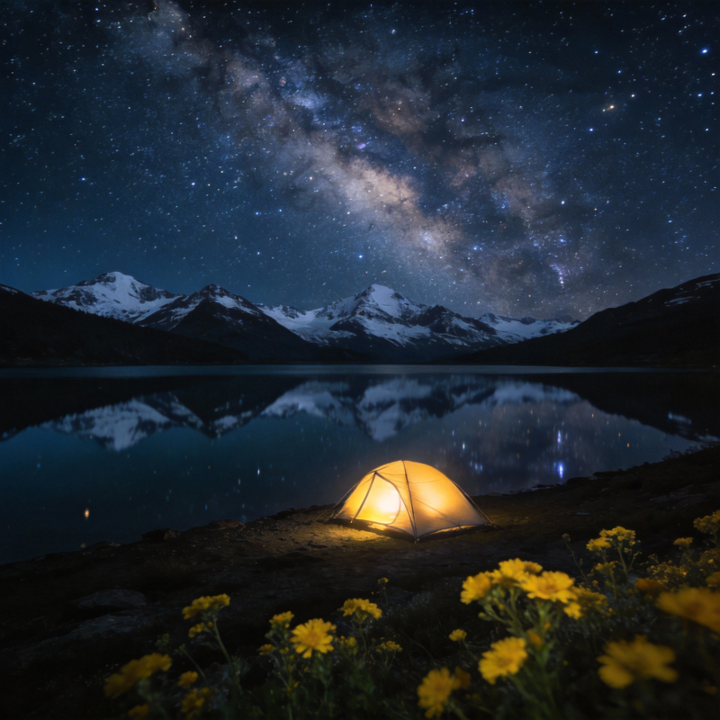 星空下的湖畔露营图片
