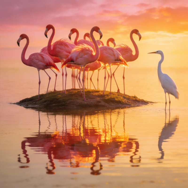 粉红群鸟映夕阳图片