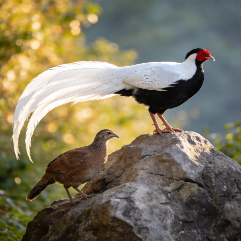 白鹇栖岩 雌雄相伴图片