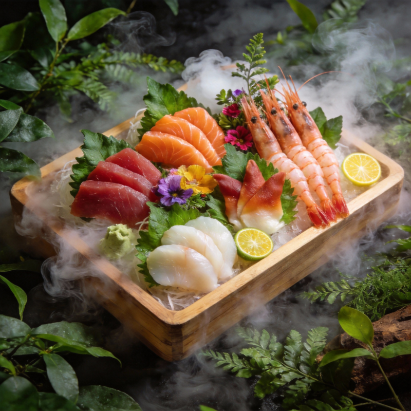 烟雾缭绕的刺身拼盘图片