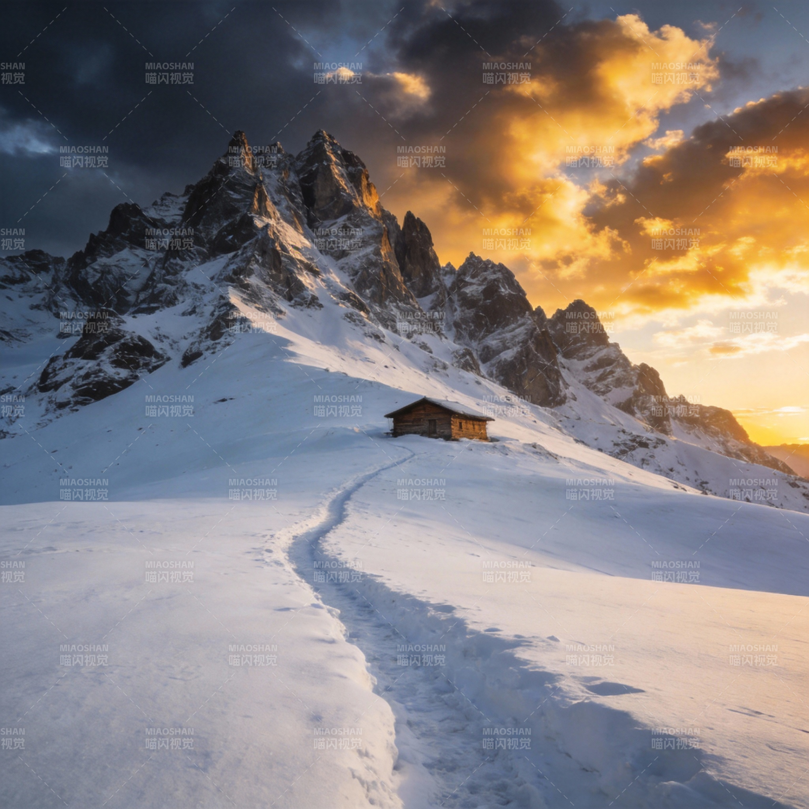 雪峰孤屋夕阳图片