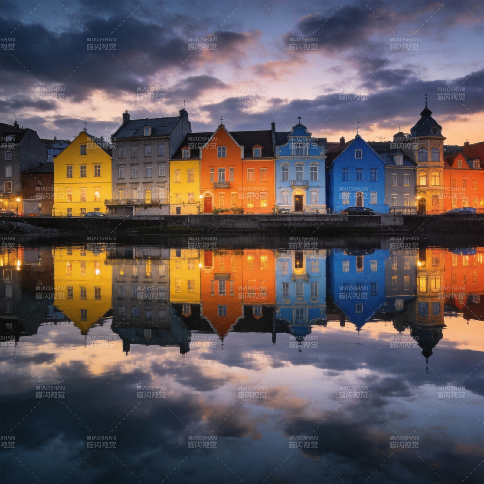 彩屋映水夜景图片