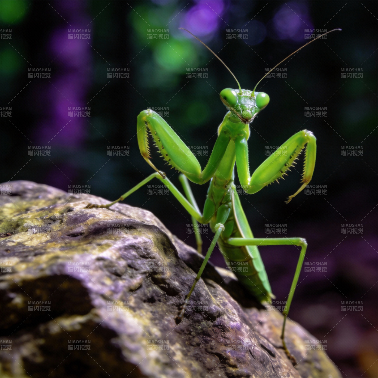 绿螳螂栖岩图片