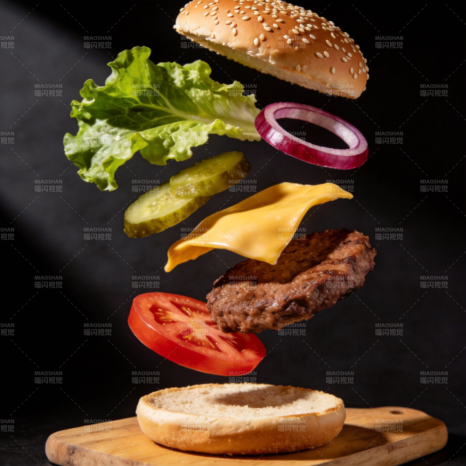 汉堡食材空中飞舞图片