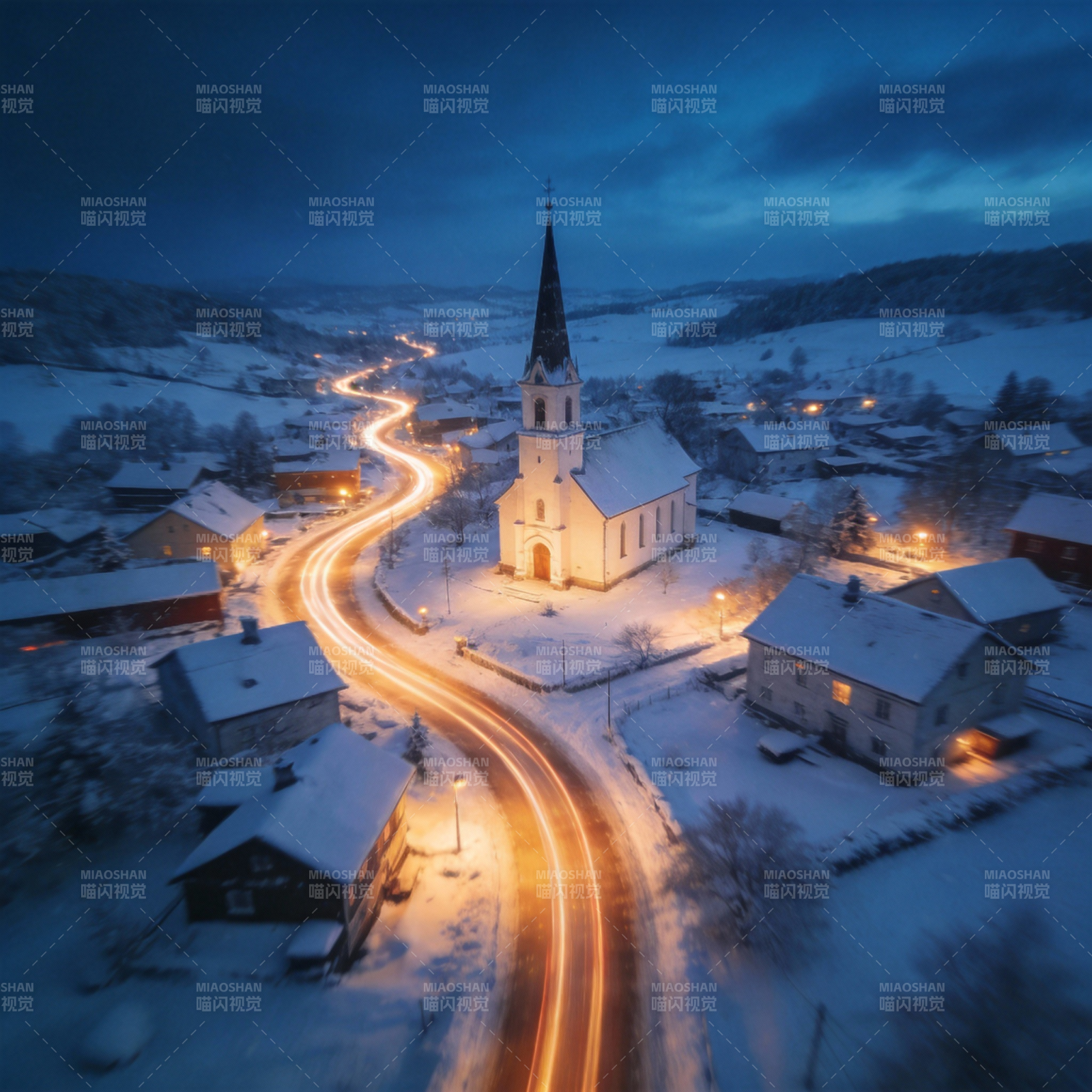 雪夜教堂光影路图片
