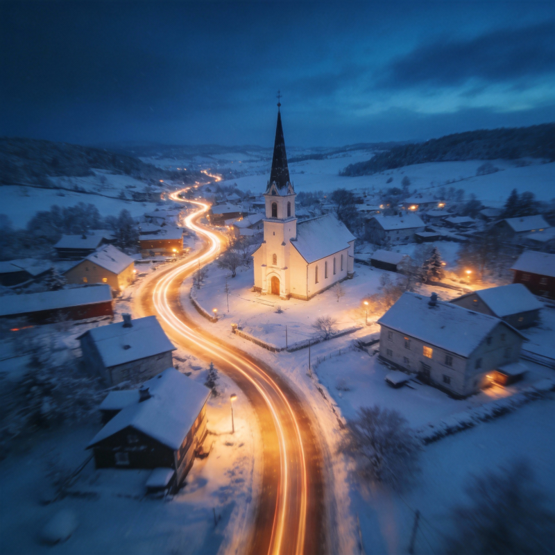 雪夜教堂光影路图片
