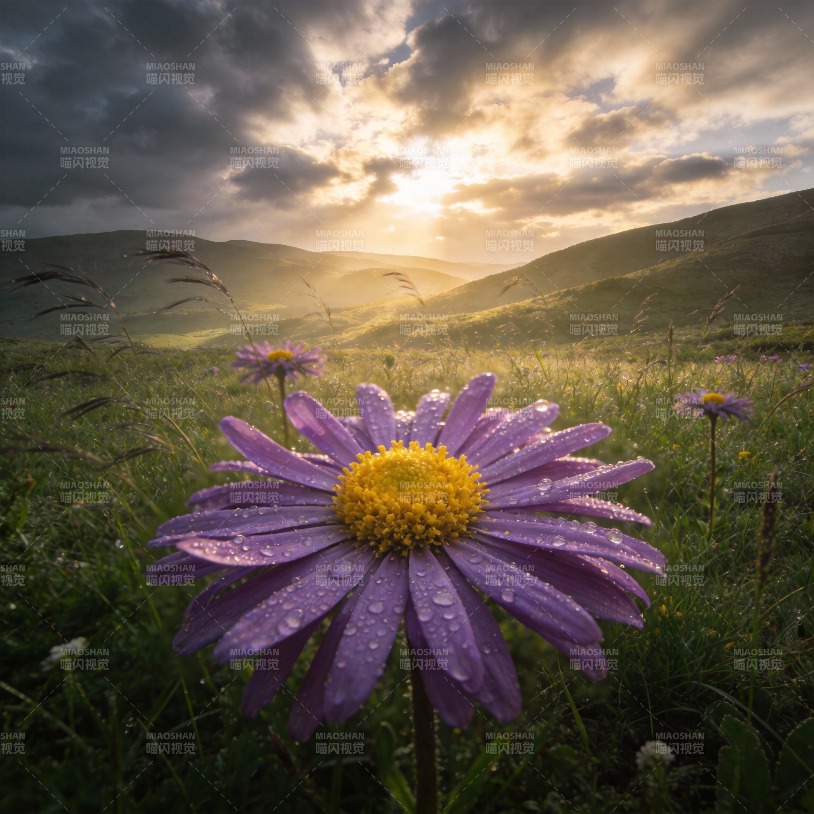 晨露紫菊映山光图片