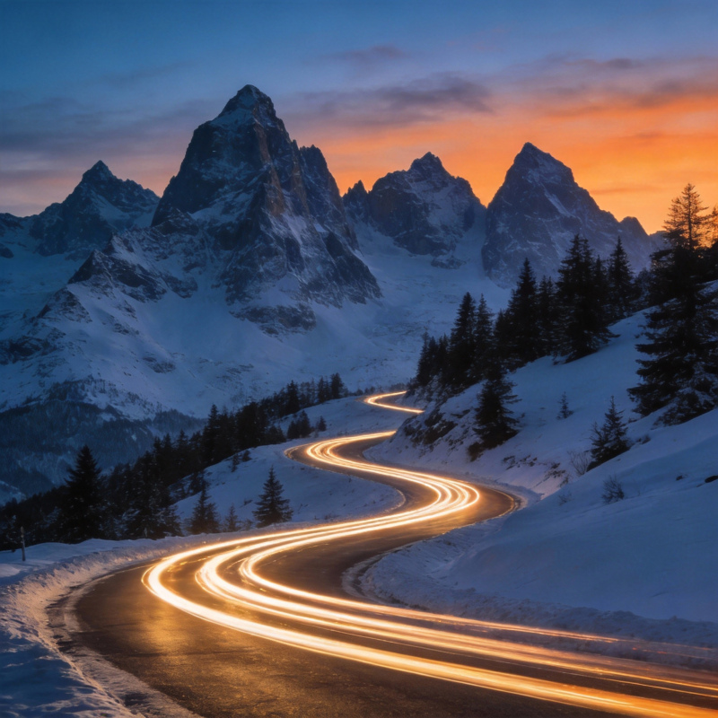 雪峰夜路光影图片