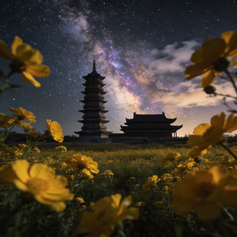 星河塔影花海图片