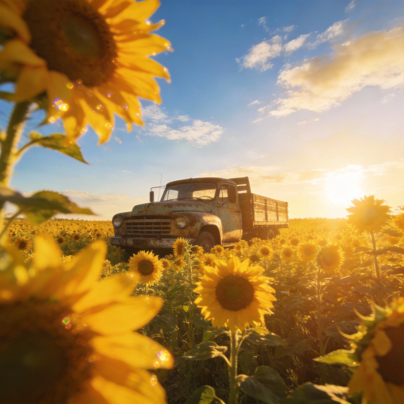 向日葵田中的老卡车图片