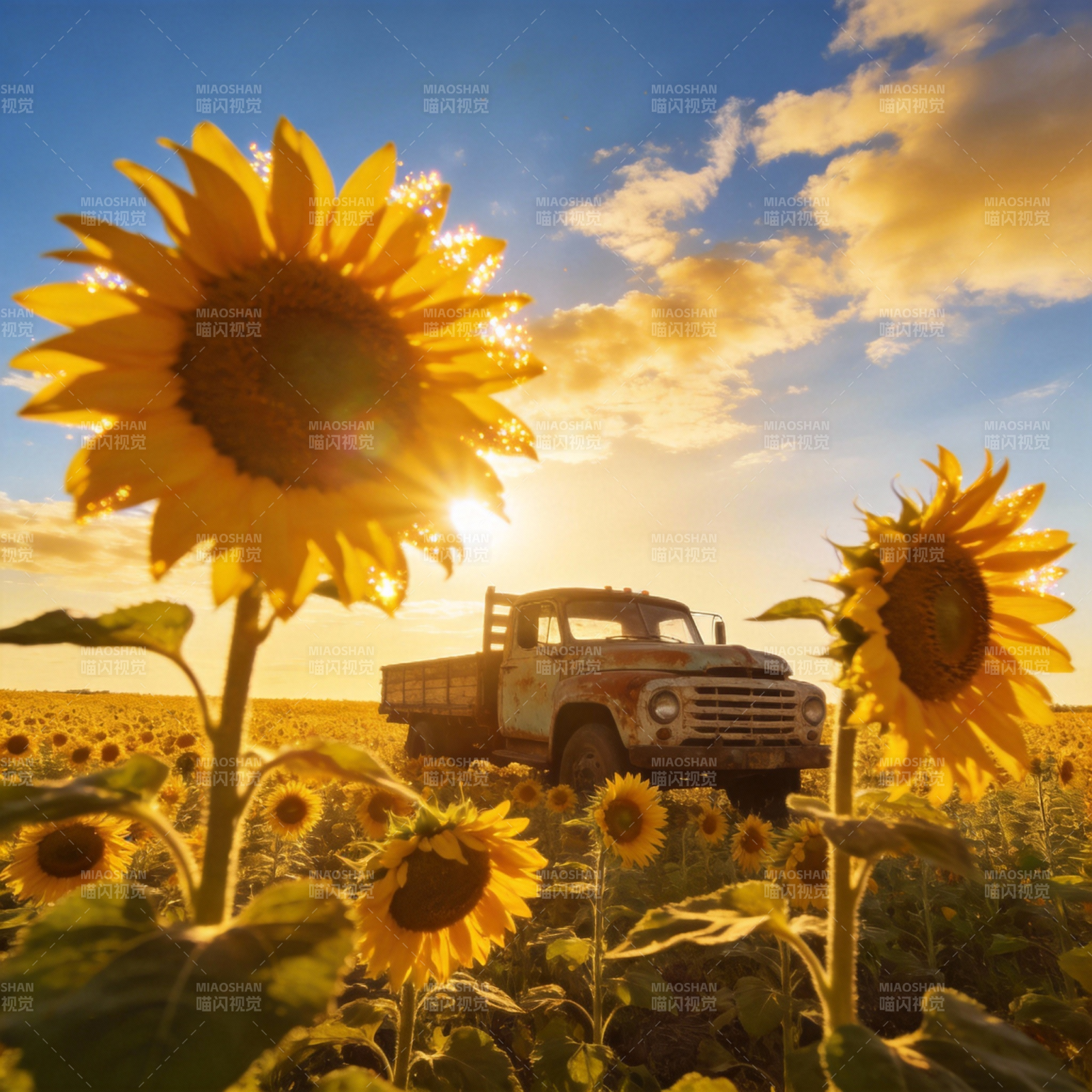 向日葵田中的老卡车图片