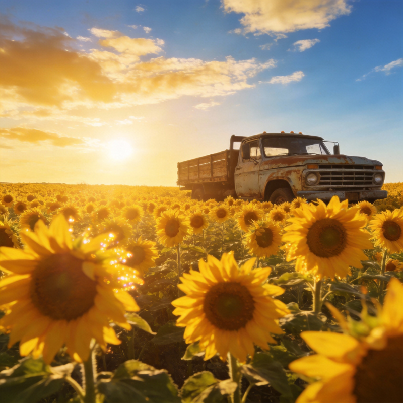 向日葵田中的旧卡车图片