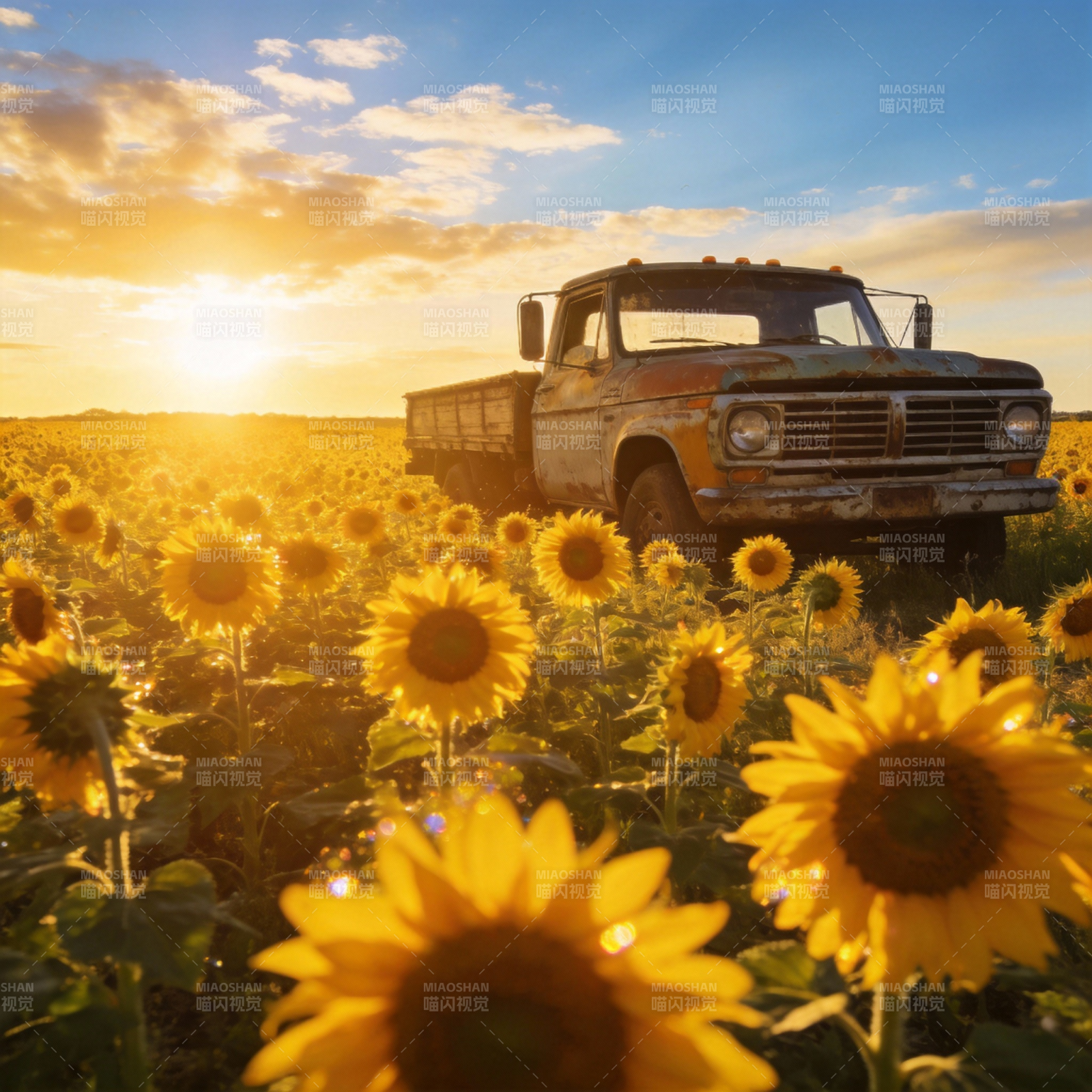 向日葵田中的老卡车图片