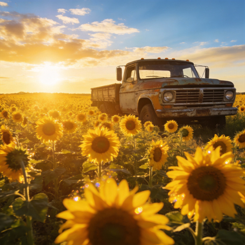 向日葵田中的老卡车图片
