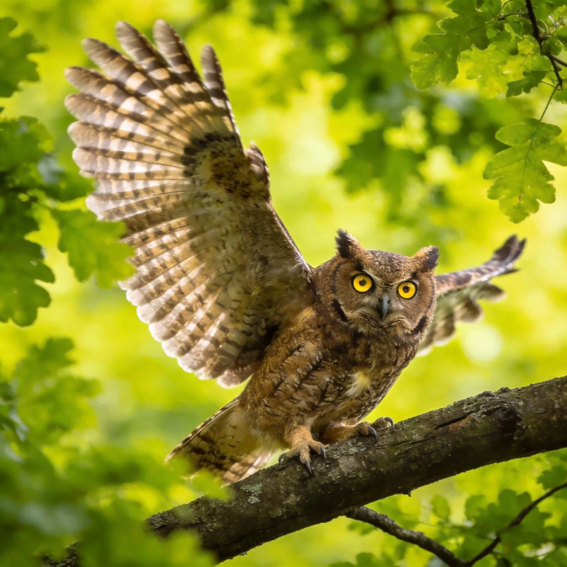 林间展翅猫头鹰图片