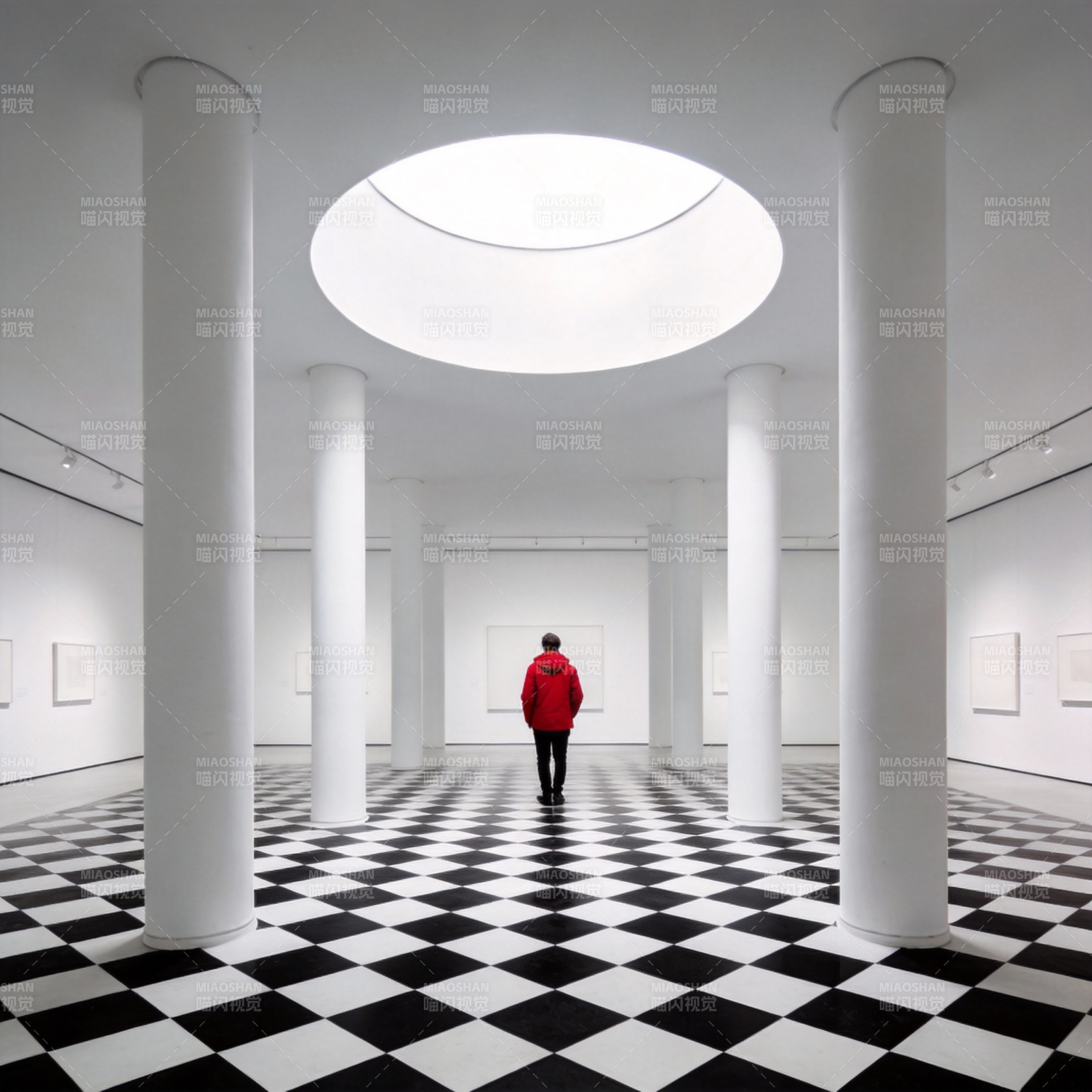 红衣人行于黑白棋盘厅图片