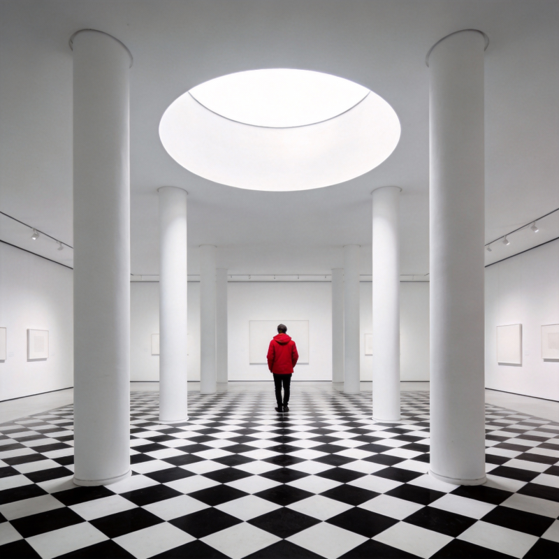 红衣人行于黑白棋盘厅图片