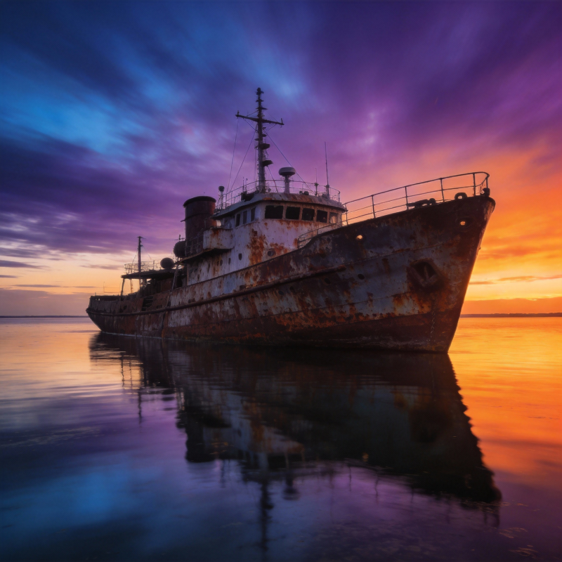 暮色中的锈船图片