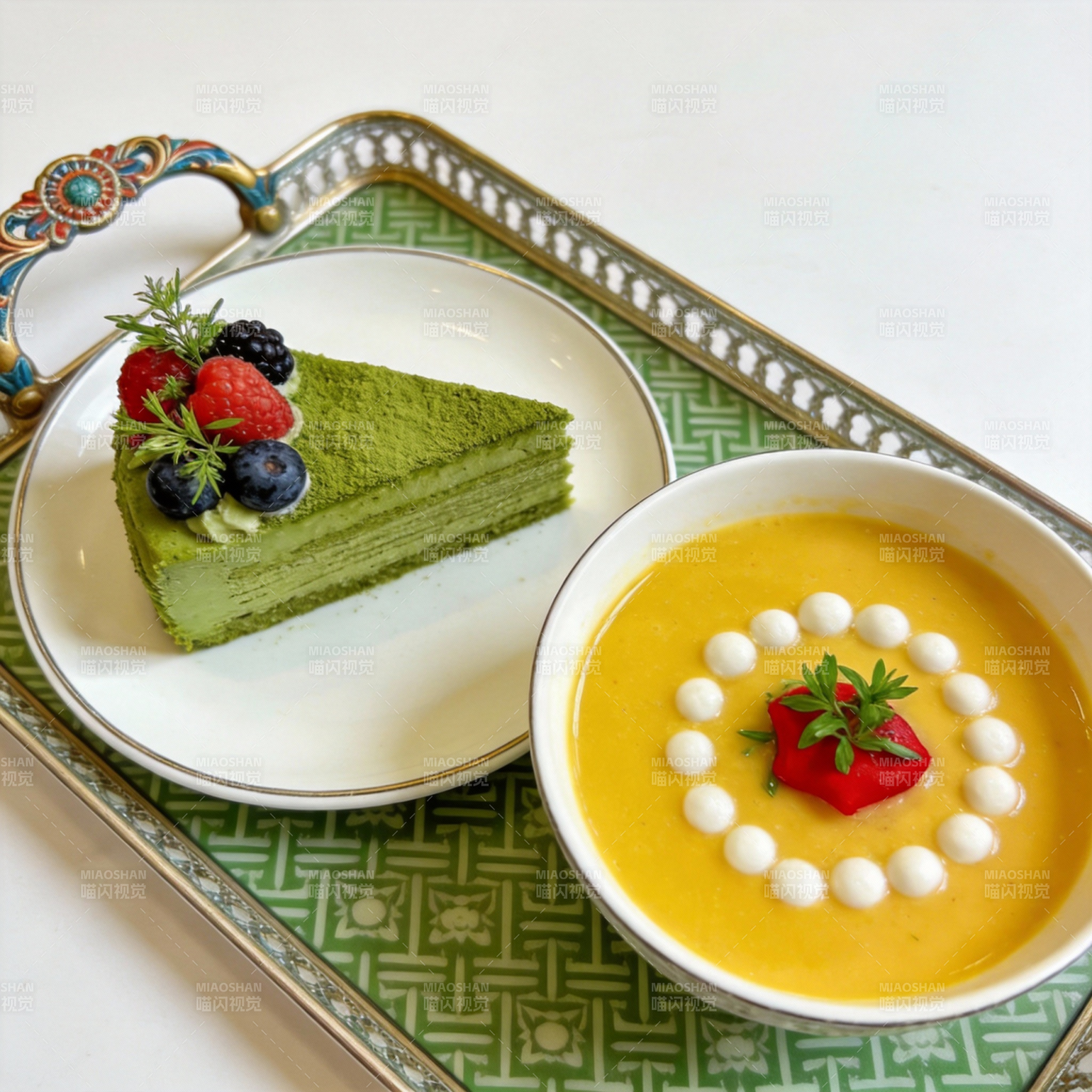 抹茶蛋糕与芒果布丁图片
