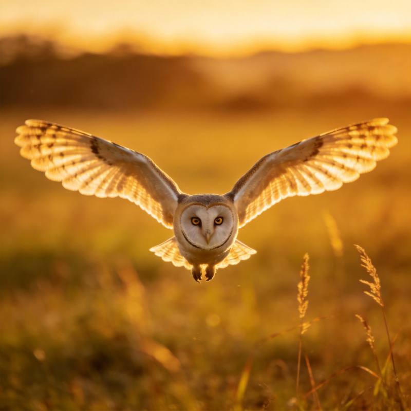 金光中飞翔的猫头鹰图片