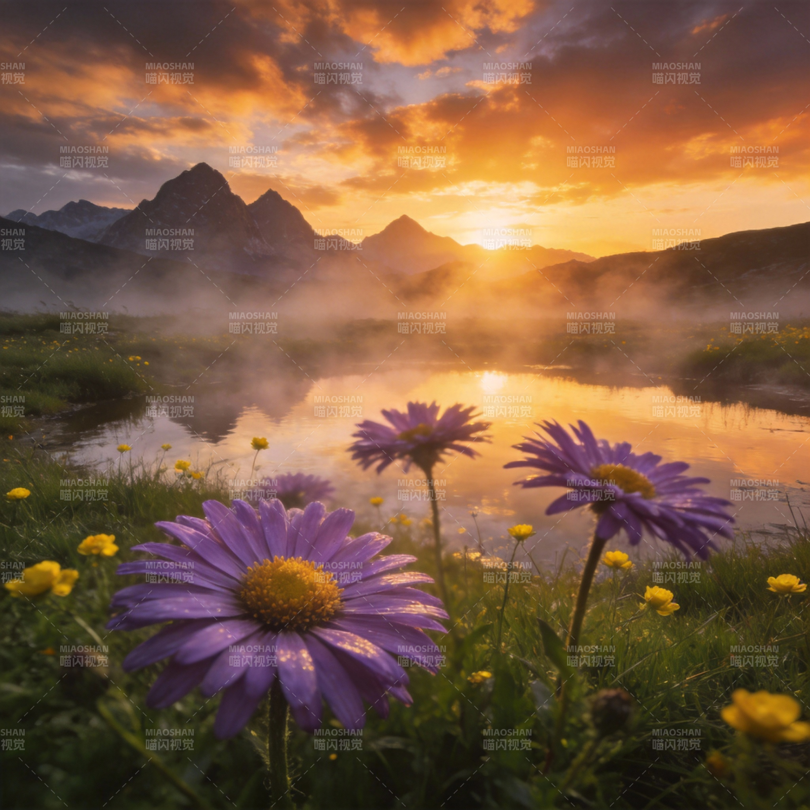 山湖晨曦花影图片