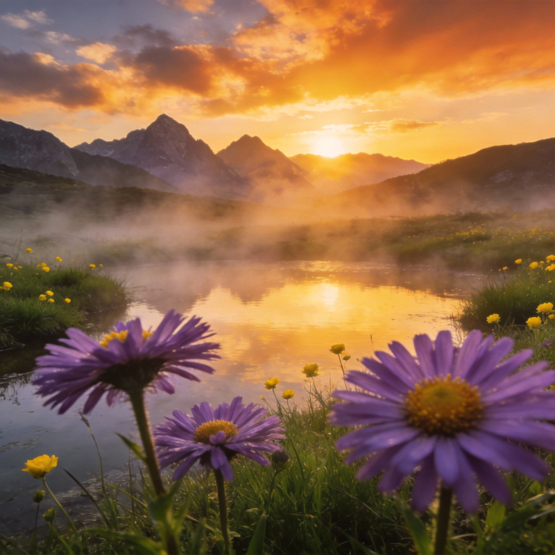 山间晨曦花影图片