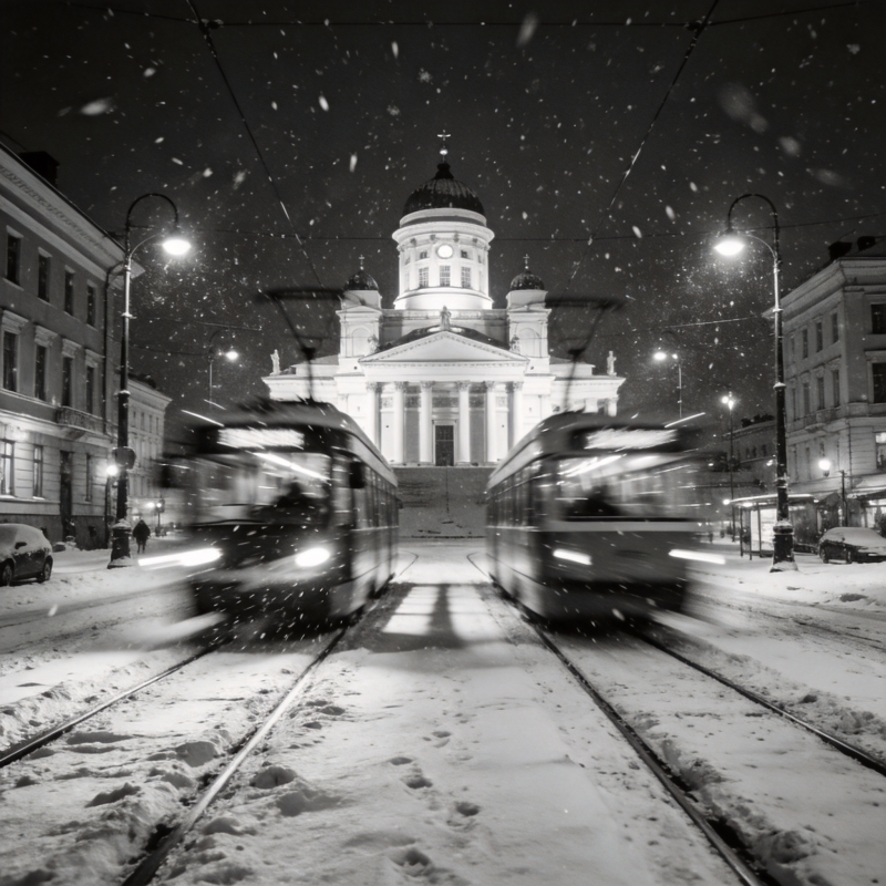 雪夜电车驶向教堂图片