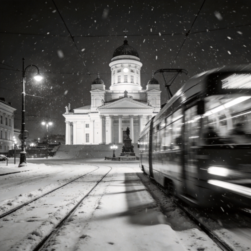 雪夜教堂前电车疾驰图片
