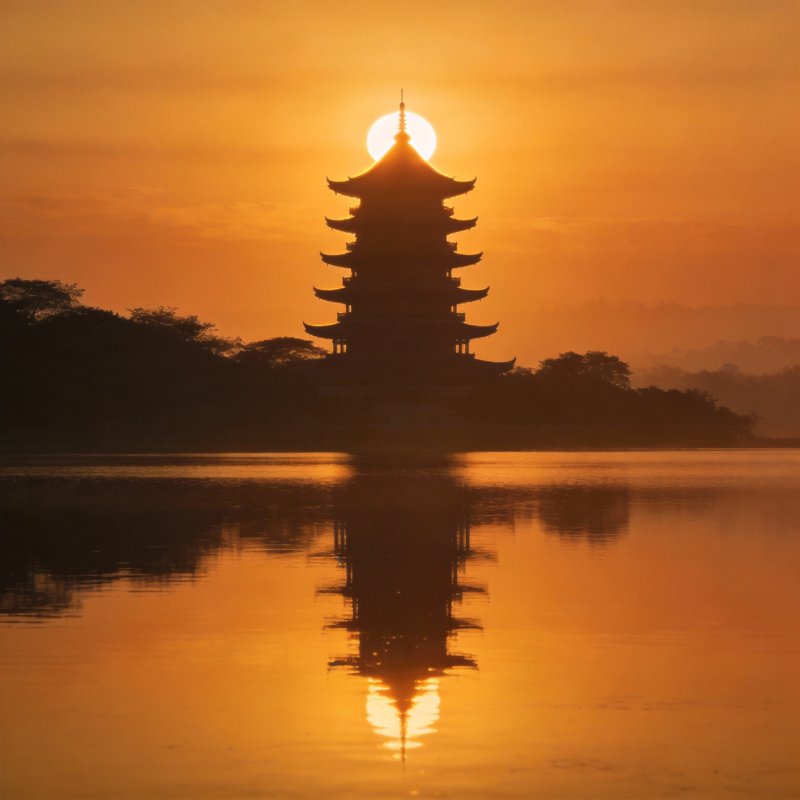 夕阳映塔影图片