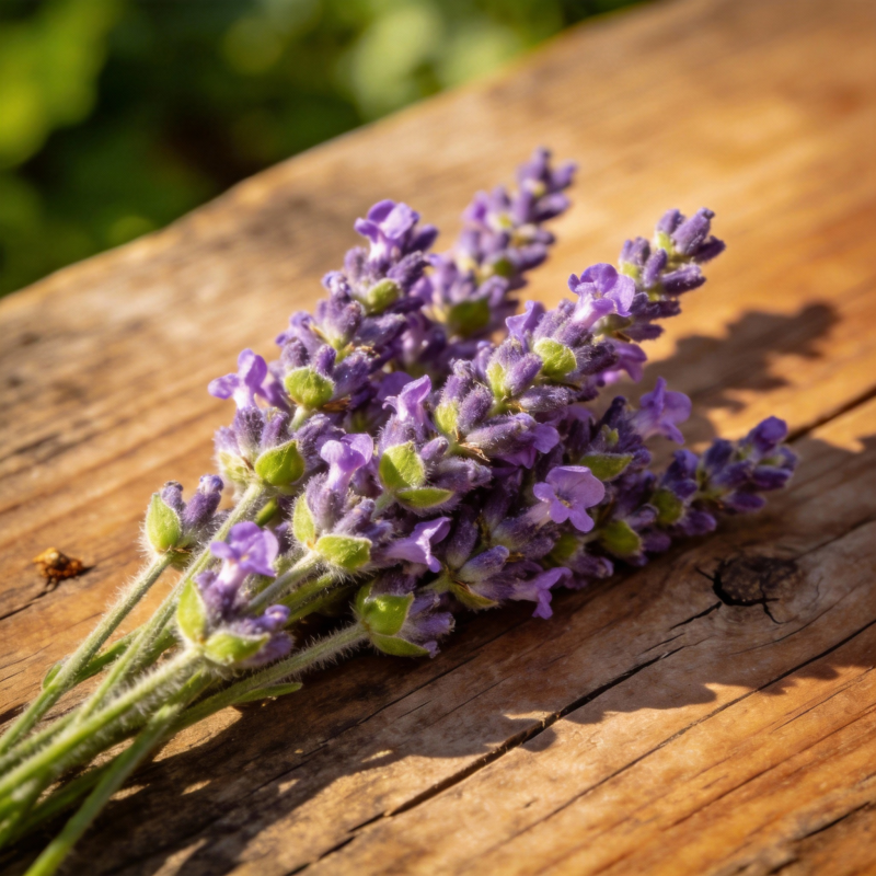 薰衣草静置木桌图片
