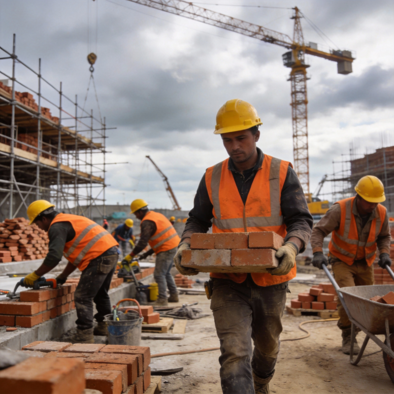 工地工人搬运砖块图片