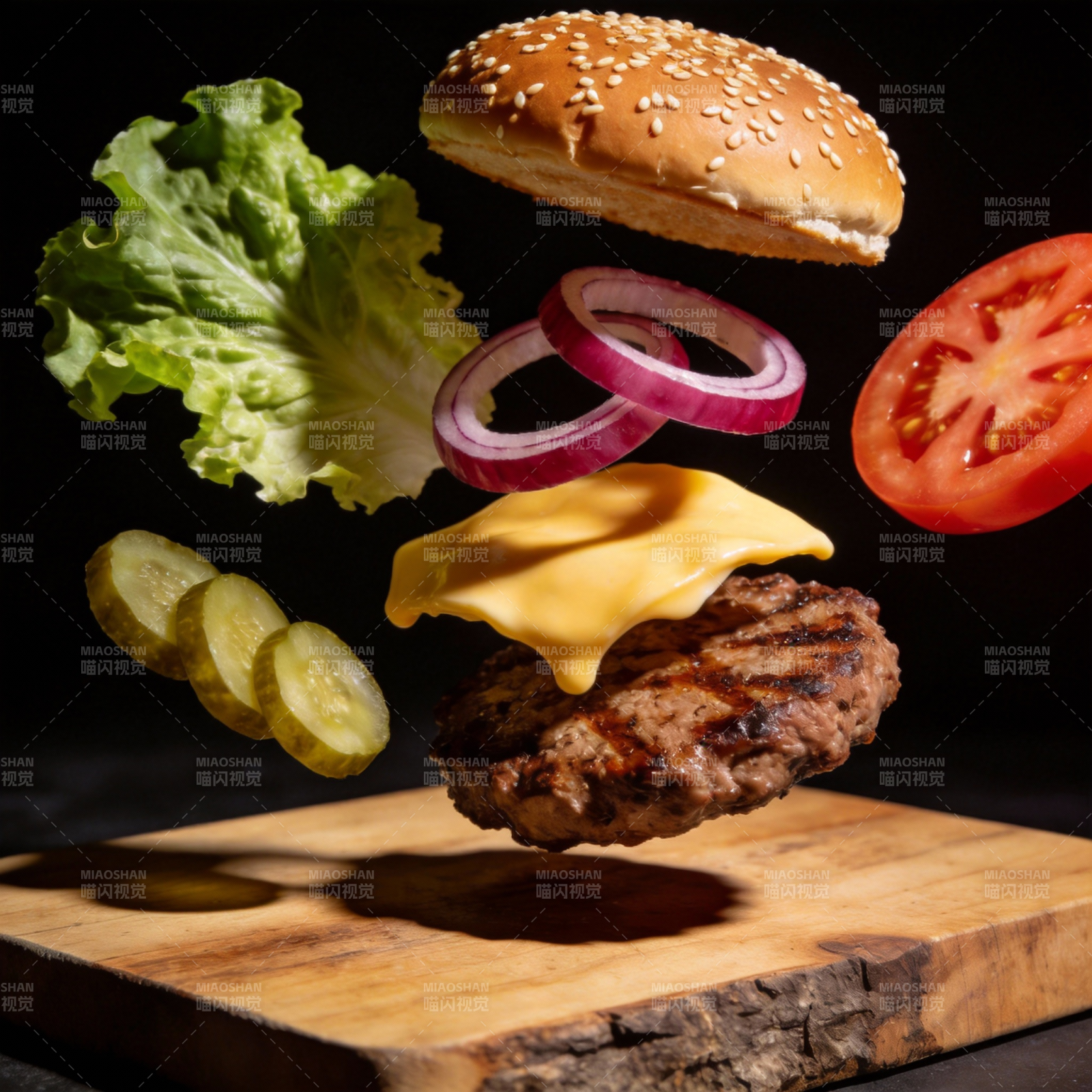 美味汉堡食材飞舞图片