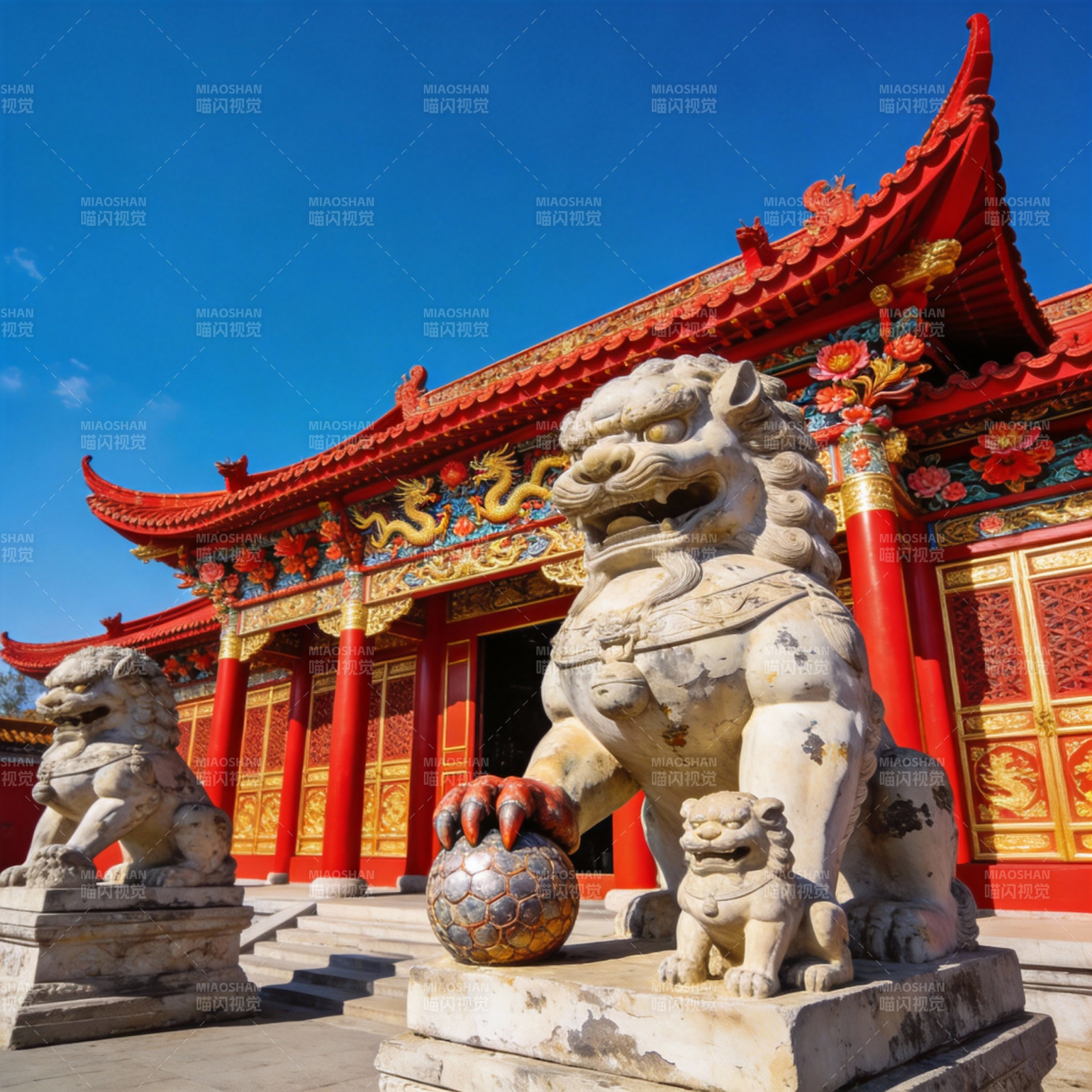 红墙金瓦守石狮图片